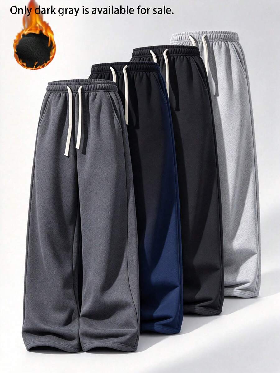 Men's Loose Fit Thermal Lined Wide Leg Sweatpants, Elastic Waist Drawstring Straight Leg Long Pants, Thickened Casual Pants With Pockets, Dark Gray For Autumn/Winter Daily Streetwear And Outdoor Wear - Dark Grey - View 1