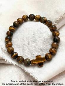 1pc Tiger Eye Stone Men's Cross Bracelet, Confidence, Protection, Stability, Strength, Bohemian Style Energy Healing Yoga Meditation Spiritual Jewelry, Unisex - Multicolor - View 8