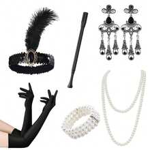 1920s Flapper Style Accessory Set, Including Headband, Bracelet, Pearl Necklace, Gloves, Plastic Ornaments And Earrings. - Multicolor - View 6