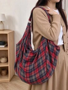 大容量格紋肩背包，女款斜挎包，休閒實用多功能托特包，適合上班、學習、旅行 - 酒紅色 - 查看 7