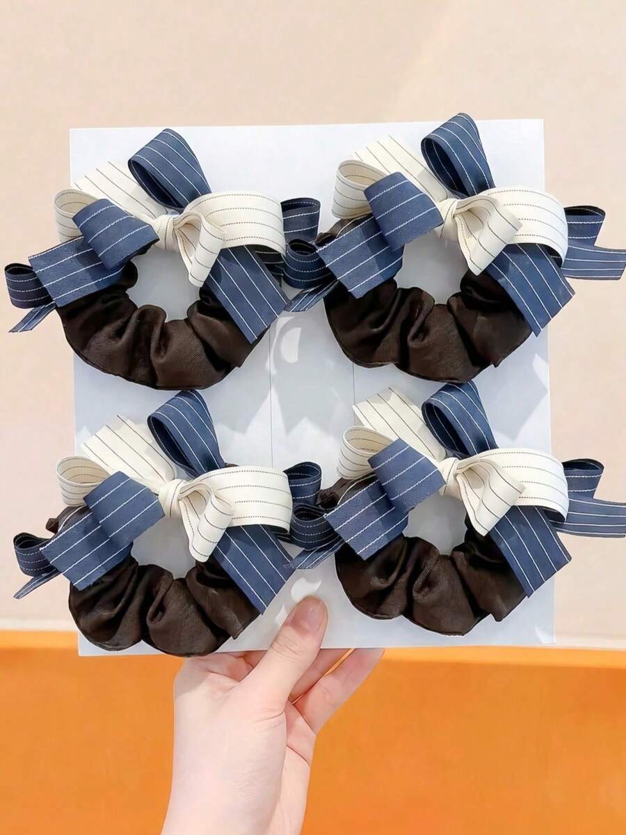 2/1pc Korean Style Color Block Striped Bow Scrunchie, High Elasticity Hair-Friendly, Basic Sweet Cute Hair Accessory For Bun - Suitable For Women And Girls, Daily School Party Vacation - Multicolor - View 1