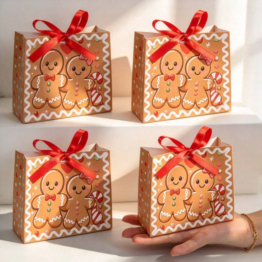 10PCS/Christmas Gingerbread Man Small Gift Bags With Red Ribbon, Xmas Candy Cookie Treat Paper Bags For Holiday Party Favors Gift Wrapping - View 1