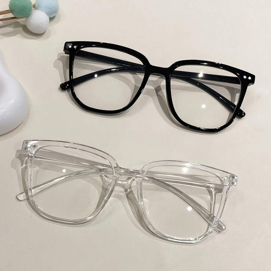 2 Pairs Women's Fashion Square Frame Non-Prescription Glasses, Black + Transparent PC Frame, Versatile Literary Style, Suitable For Office, Weekend, Back To School, Dating, Outings And Fashion Accessory