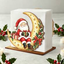 1pc Santa Claus Moon Shaped Wooden Napkin Holder, Christmas Tabletop Tissue Storage Rack, Christmas Dining Table Napkin Box, Freestanding Kitchen Decor Napkin Organizer, Holiday Tabletop Napkin Holder - Multicolor - View 3