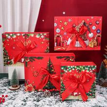 Flat-Style Double-Opening Folding Christmas Gift Box, Christmas Red Bow Top And Bottom Lid Gift Box, Christmas Eve Chocolate Packaging Empty Box, Holiday Gift-Giving Souvenir Box - Multicolor - View 3
