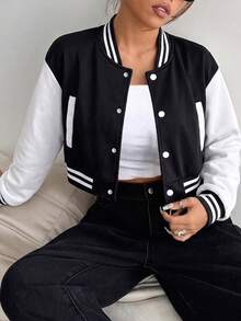 Teen Girls American Retro Black & White Colorblock Baseball Jacket, Autumn/Winter Short Knit Cardigan Coat - Black - View 2