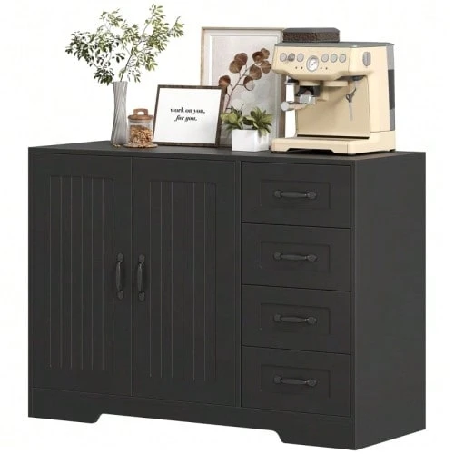 White Sideboard With 4 Drawers, Adjustable Shelf, And Anti-Tip Device For Kitchen And Living Room - Black - View 1