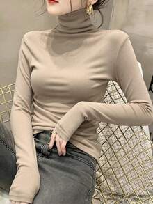 女款高領高領內搭上衣，2024春夏秋冬新款，長袖黑色薄款上衣 - 淺杏色 - 查看 3