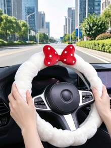 1PC Car Bubble Plush Wavy Round Steering Wheel Cover, Cute Warm Car Interior Decoration Bowknot Steering Wheel Cover - Multicolor - View 3