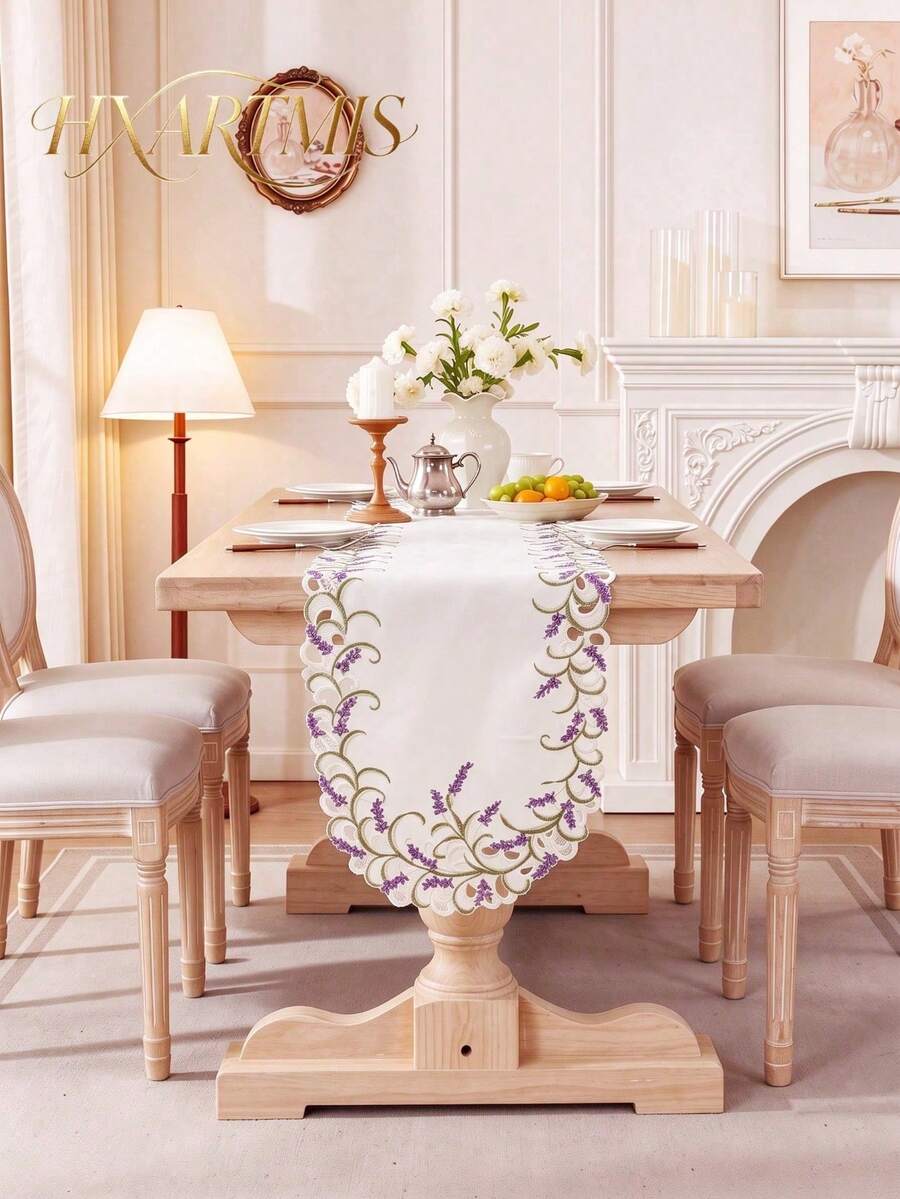 HXARTMIS 1pc Elegant White Lavender Embroidered Table Runner, Handmade Hollow Lace Trim Tablecloth, Vintage Farmhouse Style For Kitchen, Wedding, Party And Home Decor