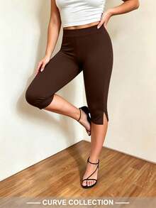 Women's Plus Size Knitted Fabric Bermuda Shorts, Mid-Stretch Design, Slimming Fit For Autumn - Dark Brown - View 6