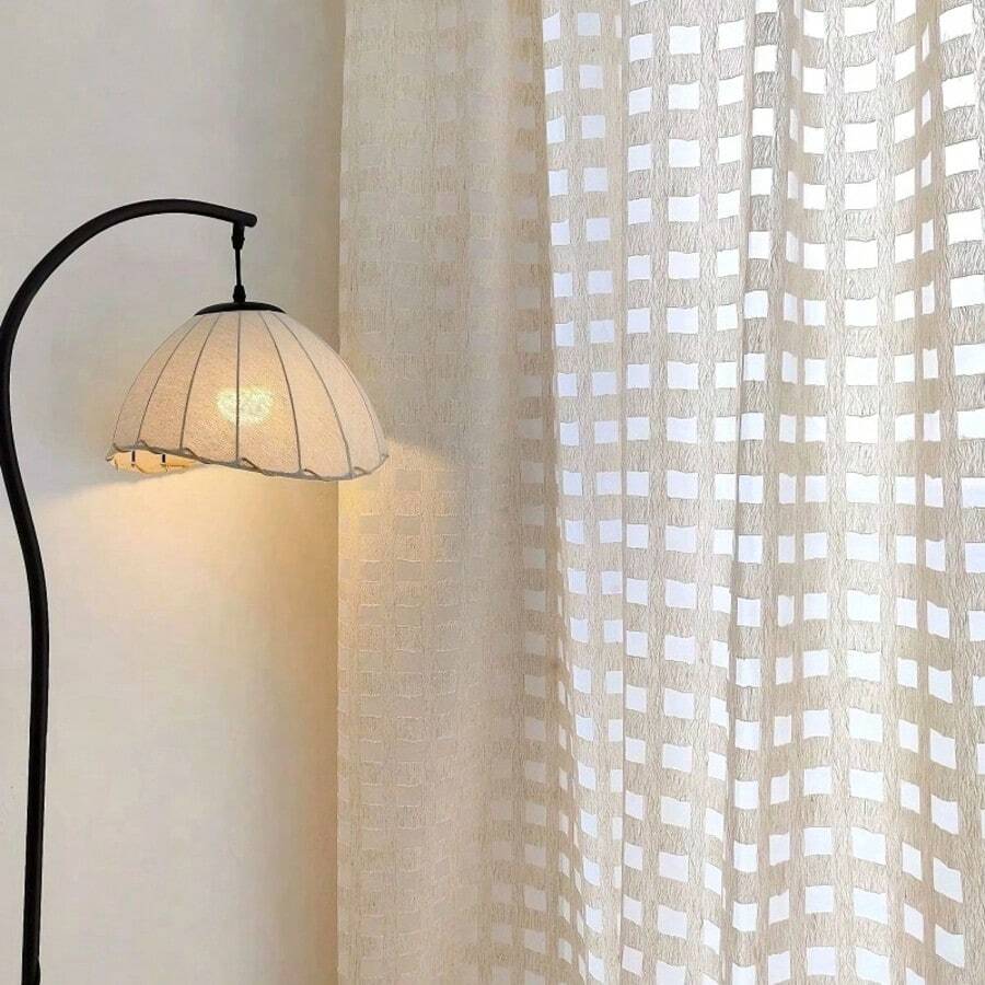 1pc French Cream Hollow Square Semi-Sheer Window Curtain, Rod Pocket Top, Translucent But Privacy, Suitable For Bedroom, Living Room, Study, Bathroom, Entryway, Bay Window, Home Decor - White - View 1