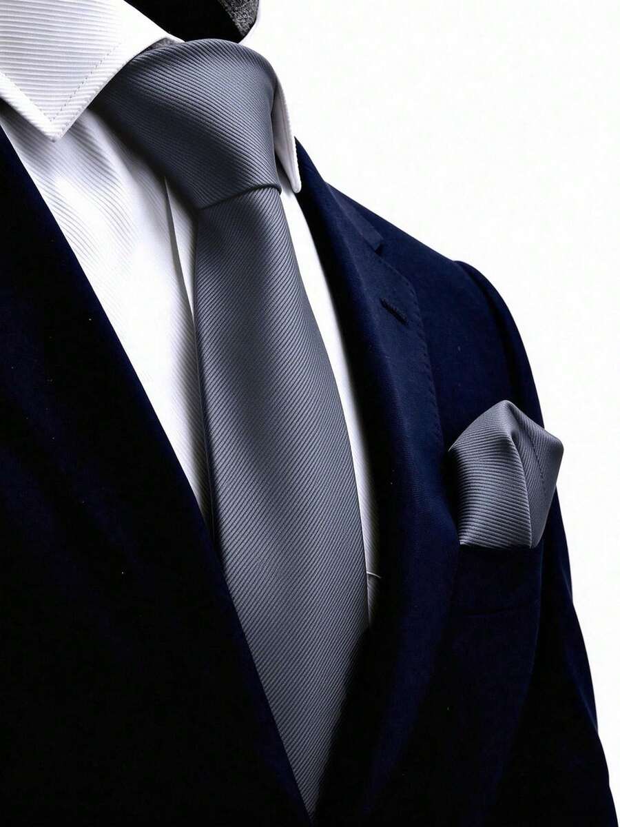 1件裝男士8cm金色紋理領帶與口袋巾套組,婚禮派對新郎領帶套組 - 深灰色 - 查看 1