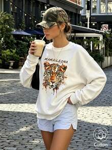 Women's Casual White Leopard Print "Mama Leona" Slogan Sweatshirt, Autumn Street Style Long Sleeve Drop Shoulder Ribbed Knit Pullover - White - View 10