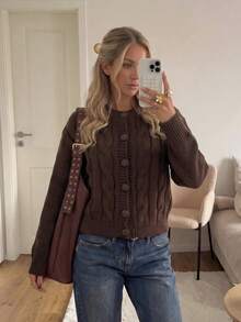Women's New Autumn/Winter Elegant Round Neck Cable Knit Cardigan, Commuter Office Business Style - Coffee Brown - View 3