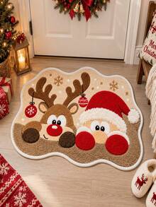 Christmas Reindeer And Santa Claus Decorative Pattern Rug, Asymmetrical Shape, Velvet Material, Bathroom Absorbent Non-Slip Mat, Ultra-Fine Fiber Material, Suitable For Bathroom, Living Room, Bedroom, Entrance Decoration, Holiday Decor, Christmas Decoration Rug 1pc - A - View 4