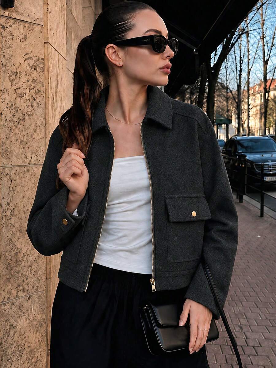 Women's Soft New Autumn/Winter Zip-Up Short Jacket, Long Sleeve With Pockets, Aviator Style
