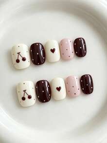 10pcs Short Square Press On Nails, Autumn Cherry Heart Polka Dot Fake Nails, Minimalist Y2K Glossy Reusable False Nail Tips For Daily Holiday Party Wear, Spring Summer Autumn Winter - Multicolor - View 3