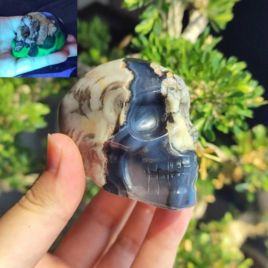 1pc Natural Volcano Agate Skull, UV Reactive Dragon Carving Ornament, Gothic Halloween Crystal Heart - Multicolor - View 1