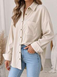 Plus Size Women's Corduroy Apricot Versatile Pocket Long Sleeve Elegant Retro Button-Up Shirt, Suitable For All Seasons Fall - Apricot - View 1