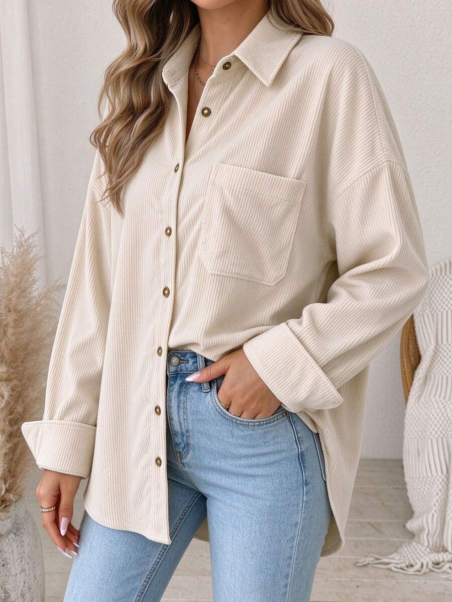 Plus Size Women's Corduroy Apricot Versatile Pocket Long Sleeve Elegant Retro Button-Up Shirt, Suitable For All Seasons Fall - Apricot - View 1