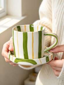Hand Painted Vertical Striped Ceramic Mug & Saucer Set, Aesthetic Pastel Coffee Cup For Latte, Milk Tea, Afternoon Tea, Cute Table Decor - Multicolor - View 15