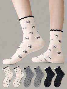 ZUJO 3 Pairs Black White Gray Women's Mid-Calf Socks, Bow Pattern, Ruffle Trim, Warm Soft Breathable, Suitable For All-Season Daily Wear, Random Color Shipping - Multicolor - View 2