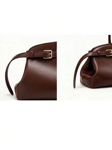 Women's Fashion Belt Buckle Large Capacity Vintage Solid Color Baguette Boston Bag - Coffee - View 4