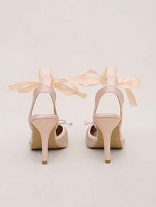 Pink Rhinestone Square Toe Stiletto High Heel Sandals For Women, Satin Bowknot Strap Closed Toe Open Back Party Dress Shoes - Pink - View 7