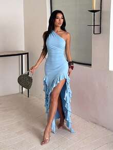Women's Autumn Blue Sexy Asymmetrical Shoulder Ruffle Hem Slit Spaghetti Strap Dress, Back To School, Party - Blue - View 4