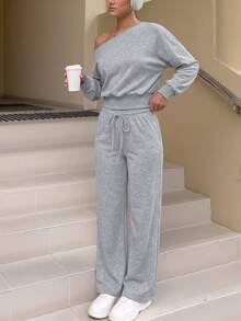 Women's Autumn 2 Pieces Set, Solid Color Asymmetrical Shoulder Long Sleeve Top And Low-Waist Drawstring Pants, Y2K Street Style Sexy Outfit - Grey - View 6