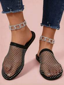 1 Pair Women's Mesh Slide Sandals, Fishnet Flat Sandals With Sequin & Rhinestone Decor, Lightweight Breathable Slip-On Mule Sandals, Hollow Design, Comfortable Beach Casual Shoes - Black - View 1