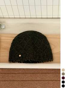 Solid-Color Rhombus Texture Raw-Edge Knitted Beanie Hat For Women, Autumn/Winter Fashion Warm Versatile Face-Slimming Ear-Protecting Woolen Cap - Fringed Diamond Pattern - View 4