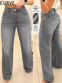 Celana Jeans Denim Potongan Lurus Ukuran Besar, Detail Saku Kancing dan Resleting, Kain Panjang Penuh yang Tidak Melar - Light Grey - View 1