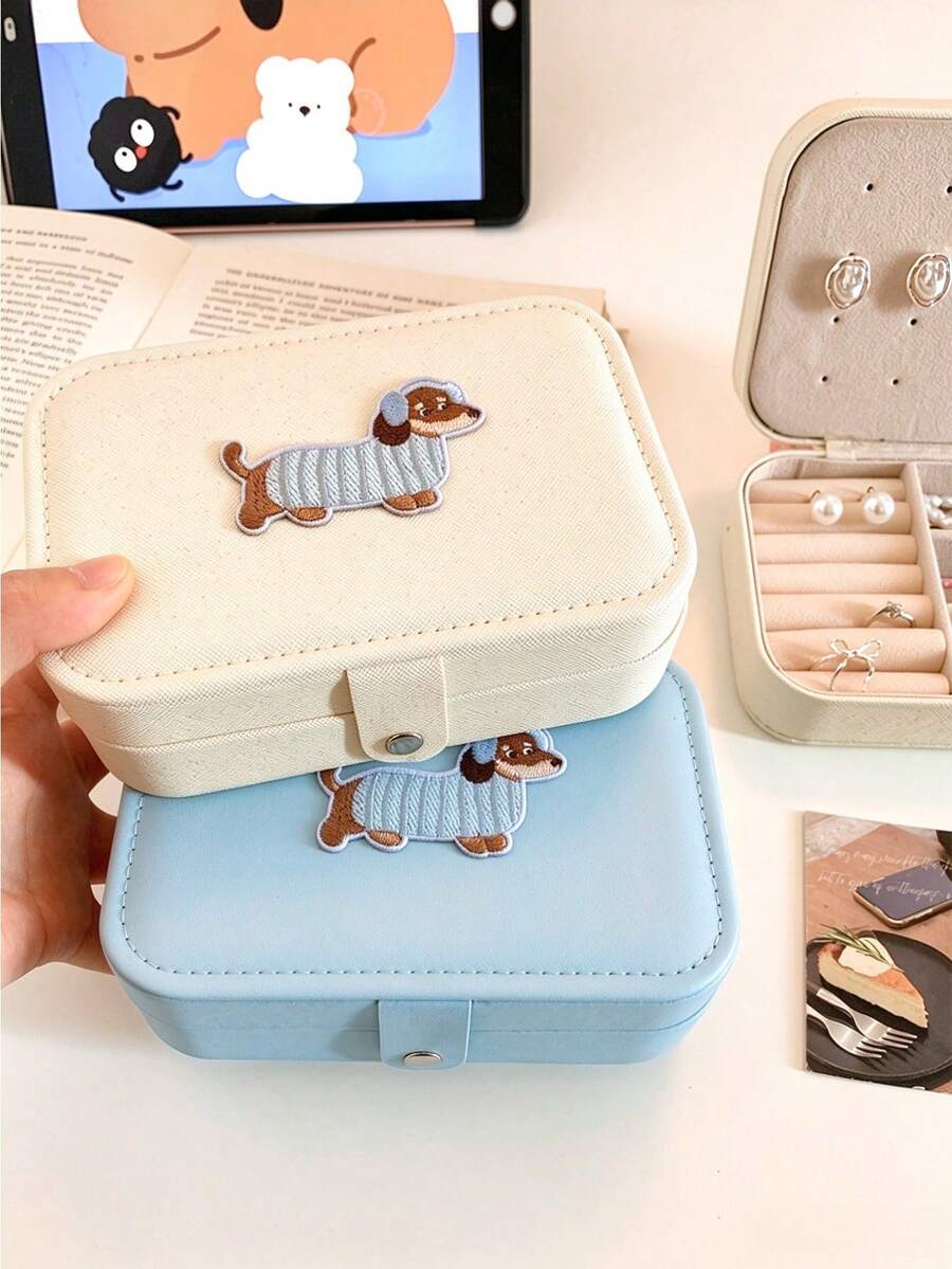 1pc Cute Dachshund Embroidered Jewelry Box, Portable Travel Jewelry Storage Box, Faux Leather Compact Earring Ring Necklace Storage Box, Suitable For Girls, Multi-Compartment Jewelry Storage Box, Snap Button Design Jewelry Storage Box, High-Value Cartoon Puppy Decor Jewelry Storage Container, Lightweight Compact Jewelry Storage Box, Can Store Earrings, Rings, Necklaces, Bracelets, Daily Wear Accessories