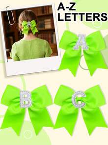 1pc Girls Bright Grosgrain Ribbon Bow Hair Clip, Pearl Rhinestone A-Z Alphabet Letter Decor Bow Hair Barrettes, Cute Girls Daily Hair Accessories - Lime Green - View 2
