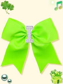1pc Girls Bright Grosgrain Ribbon Bow Hair Clip, Pearl Rhinestone A-Z Alphabet Letter Decor Bow Hair Barrettes, Cute Girls Daily Hair Accessories - Lime Green - View 12