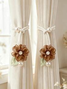 2pcs/Set French Style Fabric Floral Curtain Tieback Buckle Home Decor Pearl Embellished Curtain Buckle Suitable For Living Room Bedroom - Pearl Camellia Curtain Tie - View 18