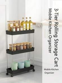 1pc 3/4-Tier Narrow Mobile Storage Cart, Bathroom Rolling Organizer Rack, Multi-Function Storage Shelf, Bathroom Gap Storage - Black - View 4