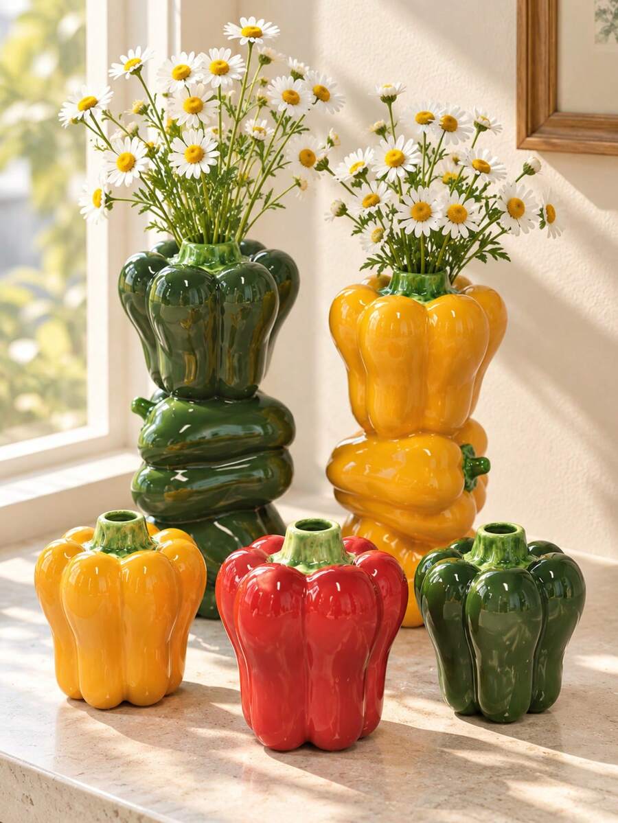 1pc Green Pepper Ceramic Vase, Cute Vegetable Shaped Vase, Colorful Glazed Decorative Vase, Fun Kitchen Decor, Unique Aesthetic Home Decoration, Suitable For Living Room, Dining Table, Shelf, Kitchen Countertop, Fresh Flower Arrangement, Table Centerpiece, Housewarming Gift - Creative Bell Pepper Vase - View 1