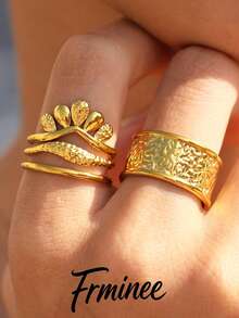 Frminee 2pcs/1pc Vintage Gold Jewelry Women's Stainless Steel Open Ring Set, Bohemian Style Stackable Rings, Hammered Wide Exaggerated Rings, Suitable For Daily Wear, Evening Party, Valentine's Day Gift, Mother's Day, Christmas And As A Gift For Women - Multicolor - View 2
