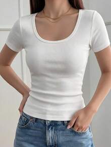 2pcs/Set Women's Simple Solid Color Knitted Ribbed Short Sleeve T-Shirt, Spring/Summer Casual Base Layer Innerwear, Autumn/Winter Black & White Soft Comfortable Slim Fit Everyday Tops - Multicolor - View 6