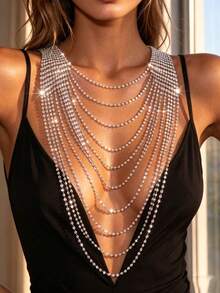 1pc Women's Backless Crystal Back Necklace, Shiny Rhinestone Multi-Function Tassel Party Bikini Outfit Accessory - Silver - View 2