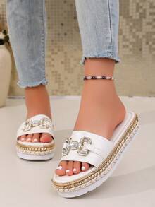 Women's Woven Strap Thick Sole Slip-On Sandals, White Rhinestone Trim Thick Sole Straw Slippers, Suitable For Summer Vacation - White Chain - View 3