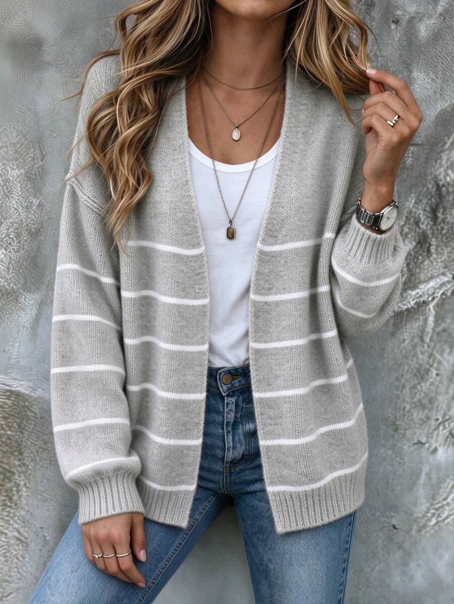 Women's Lazy Elegant Light Gray Autumn/Winter Striped V-Neck Knit Cardigan, Loose Drop Shoulder Long Sleeve Buttonless Sweater Jacket, Soft Skin-Friendly Fabric, Daily Commute And Outing Outfit - Khaki - View 1