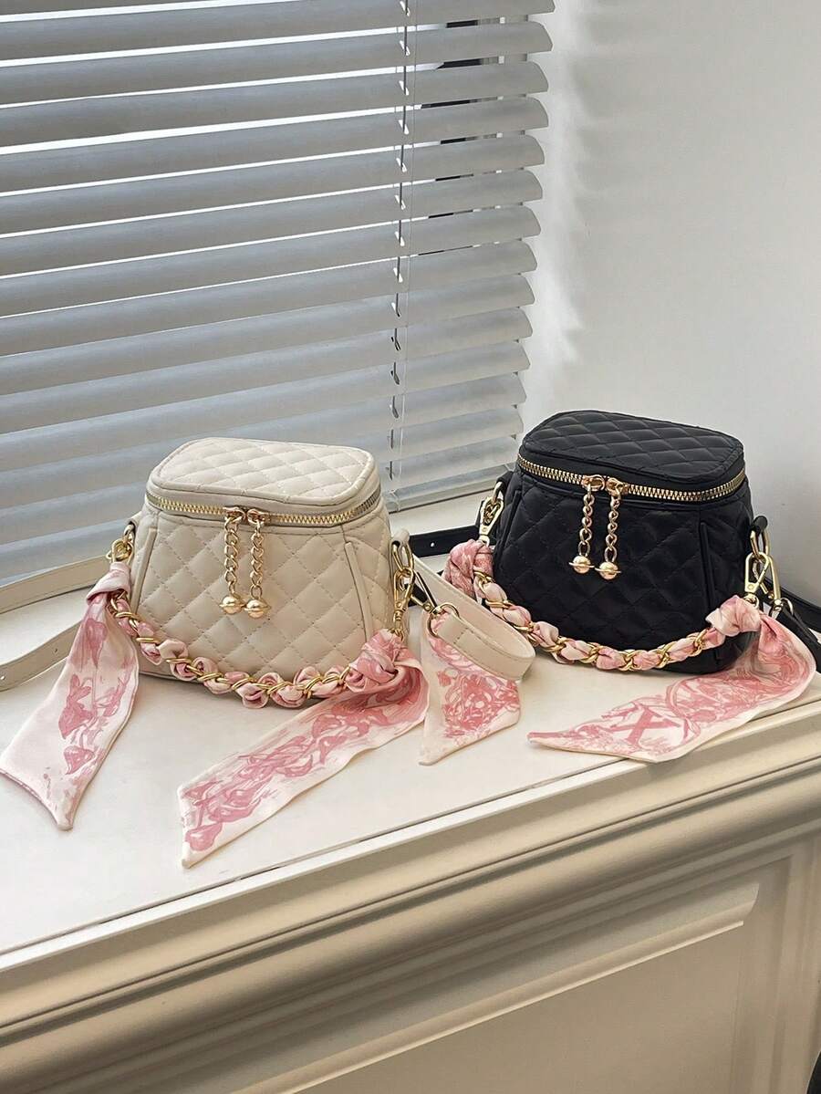 1件女款絎縫刺繡菱格紋PU拉鍊開合時尚手提斜跨包，適合四季日常使用