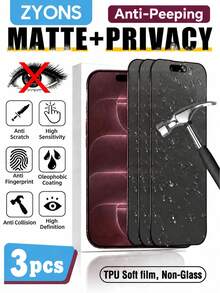 ZYONS 3pcs Matte Privacy Screen Protector, Compatible With IPhone 18 Pro Max 6.9 Inch, Soft Film Material, Non-Glass, Full Coverage, Anti-Peeping, Anti-Theft, Anti-Glare, Ceramic Film, Anti-Fingerprint, Compatible With Phone Cases. Compatible With IPhone 18 Pro Max/Duo 17 Pro Max, 17 Air, 16 Pro Max/16 Pro/16 Plus/16/15 Pro Max/14 Pro Max/13 Mini/12/11/XS Max/XR/8 Plus/7 Plus. - 3PCS - View 46