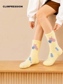CLIMPRESSION Women's Yellow Fuzzy Socks, Cute Cartoon Circle & Star Print Coral Fleece Mid-Calf Socks, Warm Soft Fluffy Winter Home Sleep Floor Socks - Gold - View 4