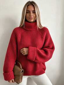 Women's Fall Winter Red Chunky Ribbed Knit Turtleneck Oversized Pullover Sweater, Folded Wide Cuffs Warm Casual Daily Wear - Red - View 5