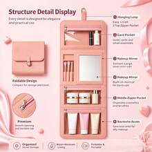 Women's Hanging Makeup Bag With Mirror - Foldable Waterproof Felt Storage Bag, Large Capacity Felt Material, Waterproof Foldable Design, Includes Mirror; Suitable For Travel, Gym, Cruise - Multicolor - View 4